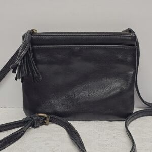 J Jill Black Genuine Leather Crossbody Bag Purse With Tassel Casual Boho